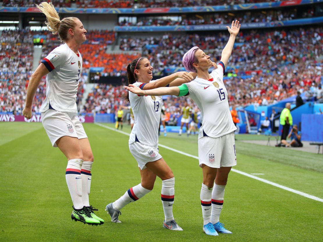 Megan Rapinoe of the USA celebrates scoring the first goal of the Women's World Cup final this year. She is one of 14 players from Team USA on the FIFPro World 11 shortlist 