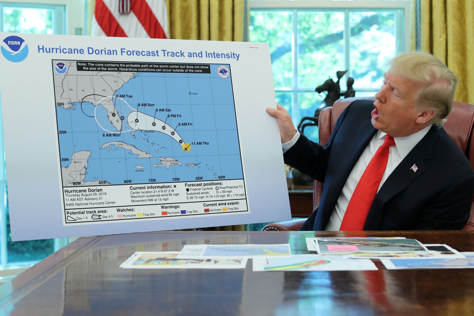 In September 2019, Trump shows an <a href="index.php?page=&url=https%3A%2F%2Fwww.cnn.com%2F2019%2F09%2F04%2Fpolitics%2Fdonald-trump-hurricane-alabama-map%2Findex.html" target="_blank">apparently altered map</a> of Hurricane Dorian's trajectory. The map showed the storm potentially affecting a large section of Alabama. Over the course of the storm's development, Trump erroneously claimed multiple times that Alabama had been in the storm's path.