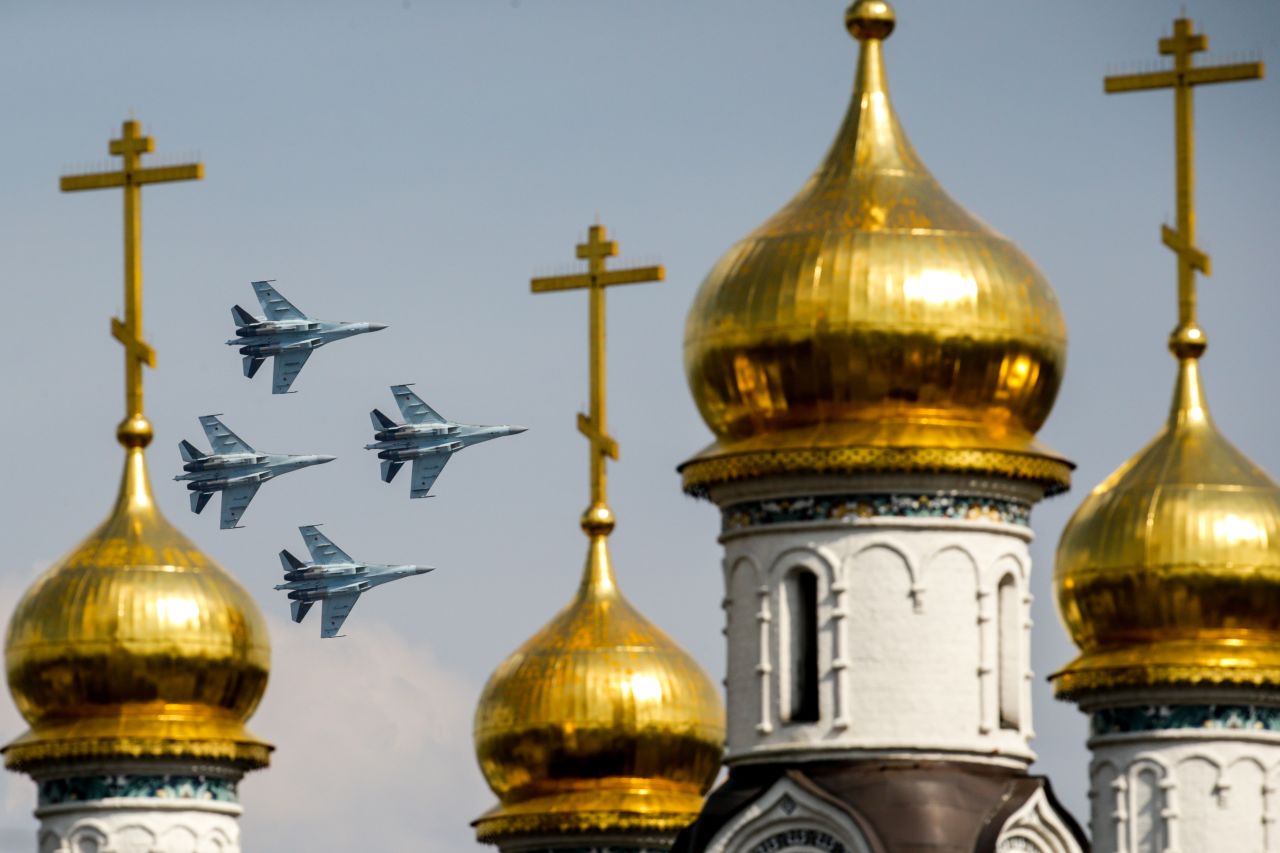 Sukhoi Su-35 S jet fighters of the "Falcons of Russia" team perform on the final day of MAKS-2019 Moscow International Airshow on Sunday, September 1, near Zhukovsky, southeast of Moscow.