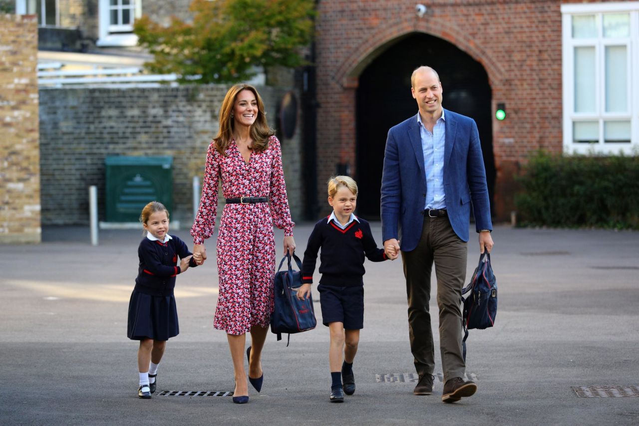 Britain's Princess Charlotte of Cambridge, left, accompanied by her mother, Catherine, Duchess of Cambridge; brother, Prince George of Cambridge, and father, Britain's Prince William, Duke of Cambridge, arrives for <a href="https://www.cnn.com/2019/09/05/uk/princess-charlotte-school-gbr-intl/index.html" target="_blank">her first day of school</a> at Thomas's Battersea in London on Thursday, September 5.