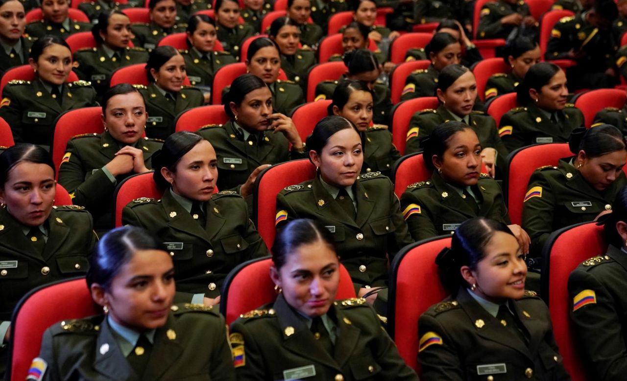 Cadets at a police academy listen to remarks from Ivanka Trump on Tuesday, September 3, during the unveiling of the US partnership with Colombia on Women, Peace, and Security (WPS) in Bogota, Colombia.