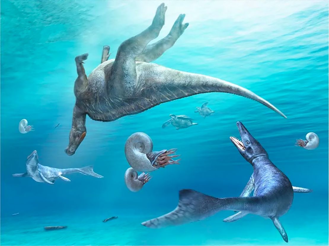 Carcass of Kamuysaurus, floating in the sea with two mosasaurs, two sea turtles, and four ammonoids.