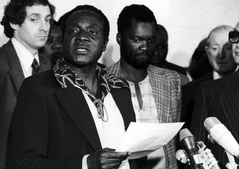 Mugabe speaks to the press in Geneva in 1976. The following year he was elected president of ZANU-PF and commander-in-chief of the Zimbabwe African National Liberation Army.