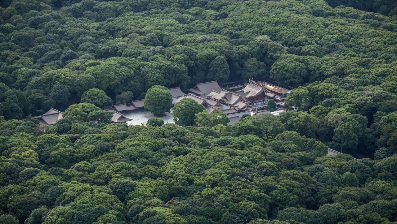 An aerial view of Meiji Shrine in Yoyogi Park. 
