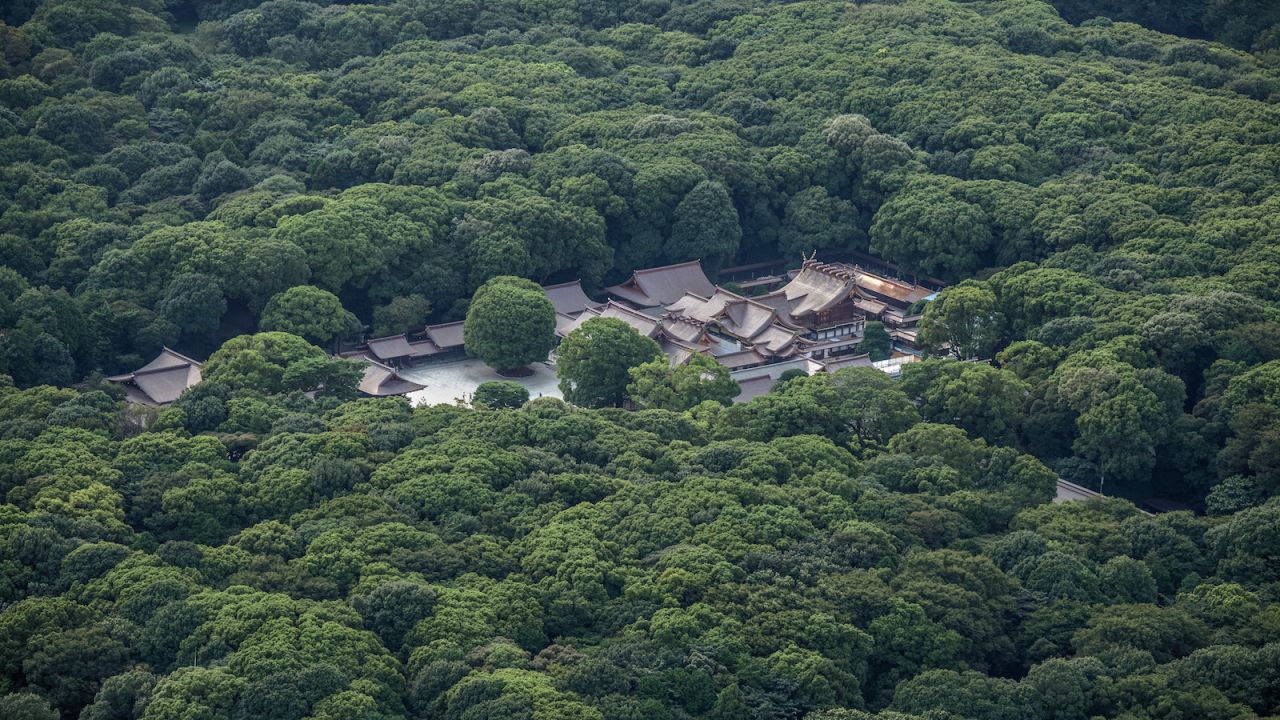 An aerial view of Meiji Shrine in Yoyogi Park. 