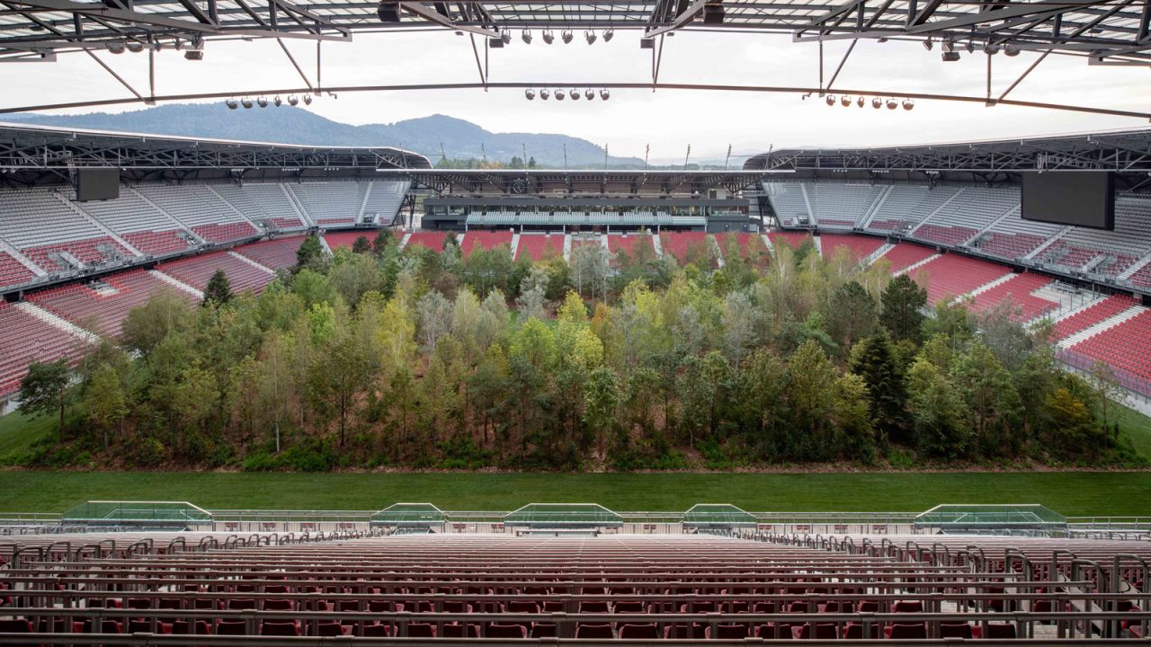 <strong>Monumental installation: </strong>Wörthersee Football Stadium in Klagenfurt has been transformed into a forest for a project by Swiss artist Klaus Littmann. 