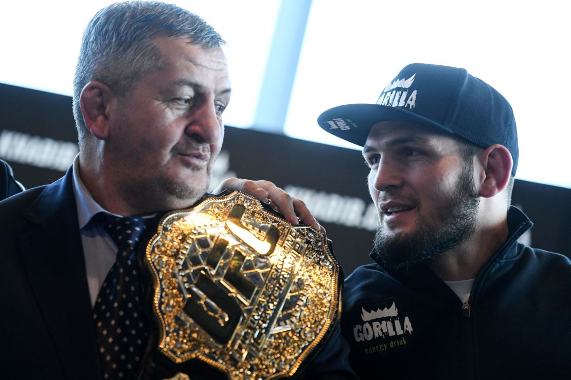 Nurmagomedov and and his father Abdulmanap give a press conference in Moscow.