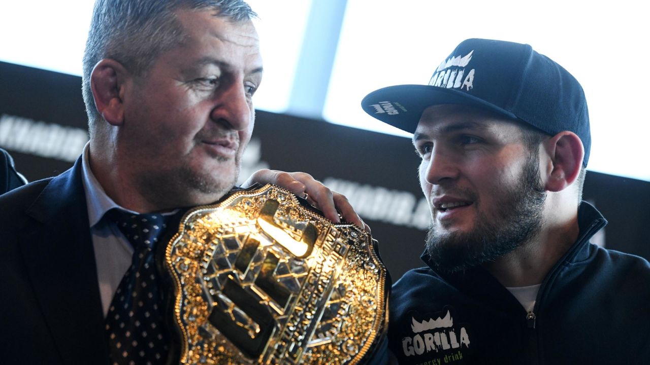 Nurmagomedov and and his father Abdulmanap give a press conference in Moscow.