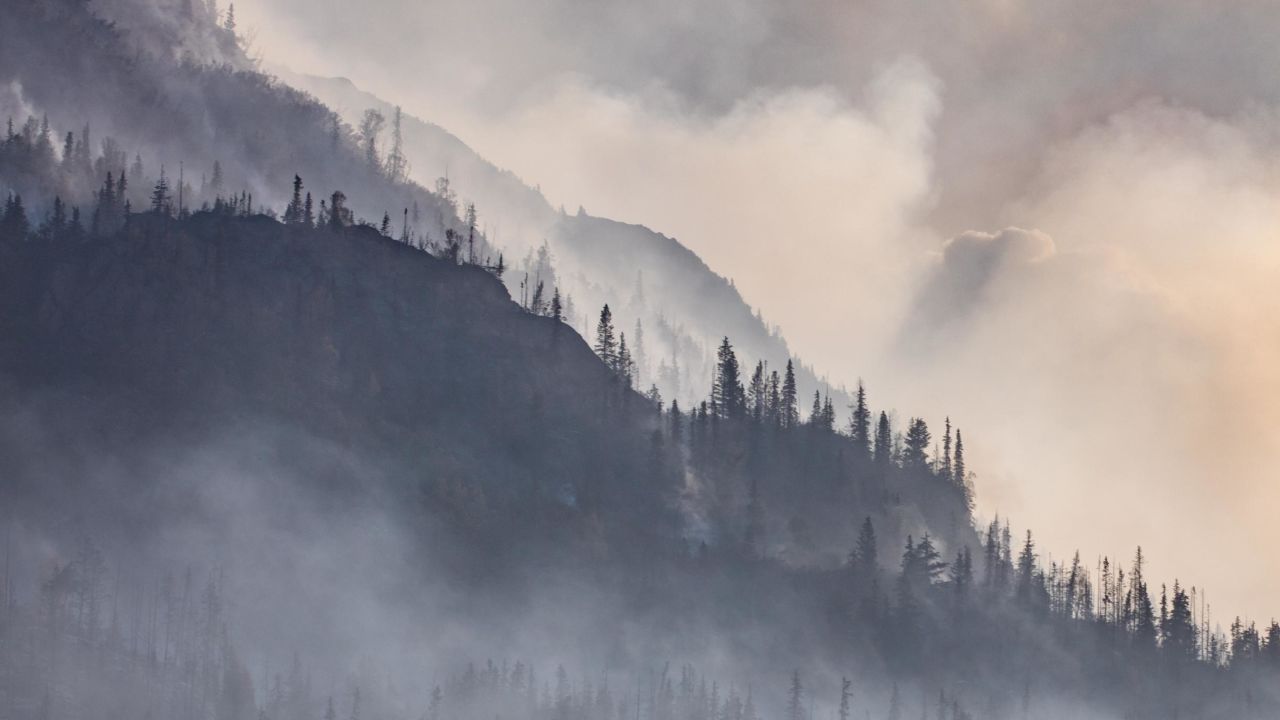 Smoke from the Swan Lake fire blankets a hillside.