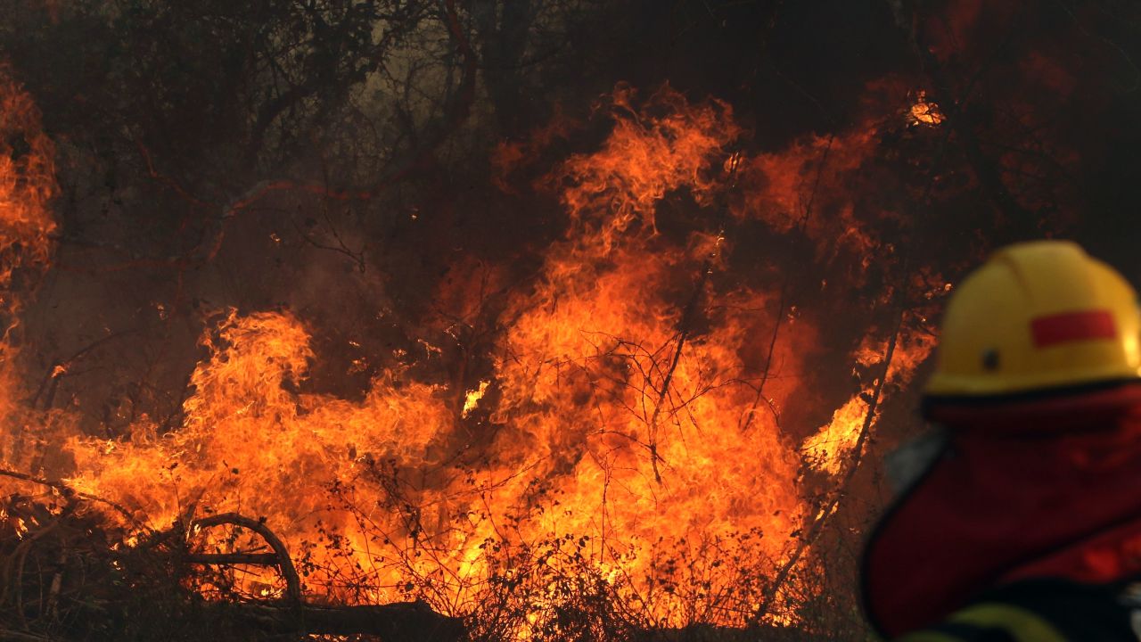 A firefighter works during a wildfire in the Santa Cruz region of eastern Bolivia on August 22, 2019.