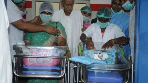 Erramatti Mangayamma (73) and E. Raja Rao (80) at Ahalya IVF & Nursing Home in Andhra Pradesh.