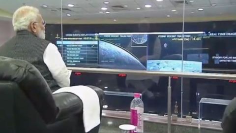 Prime Minister Narendra Modi watching the landing.