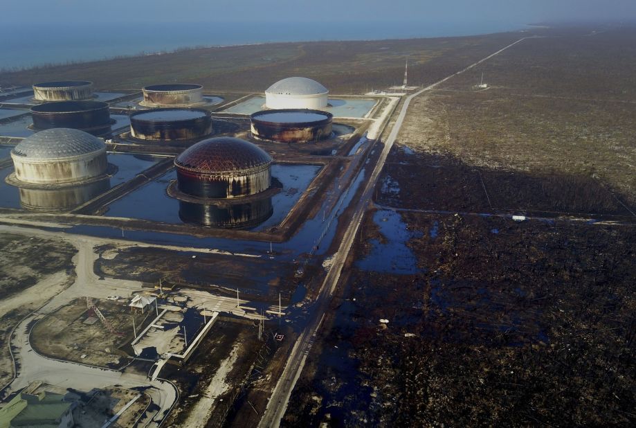 This aerial photo, taken on September 7, shows damage at the South Riding Point oil-storage facility in the Bahamas.