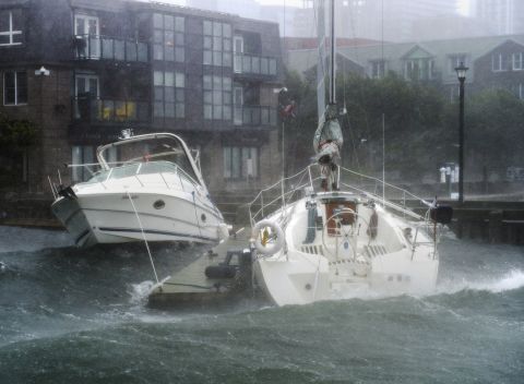Waves crash into boats in Halifax, Nova Scotia, as Hurricane Dorian approached on September 7.