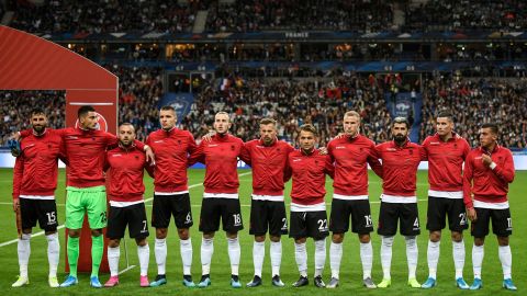 Albania's players line up for the national anthem -- only for the wrong song to be played