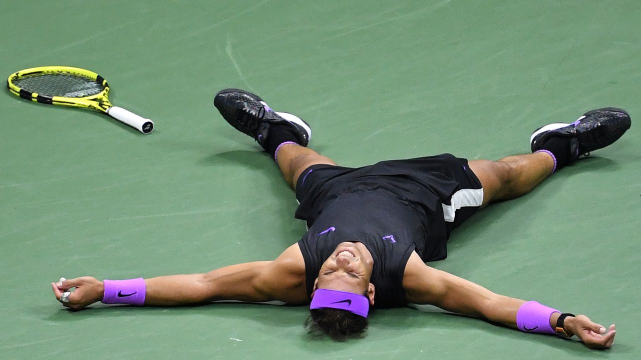 Rafael Nadal dropped to the court after winning the US Open Sunday. 