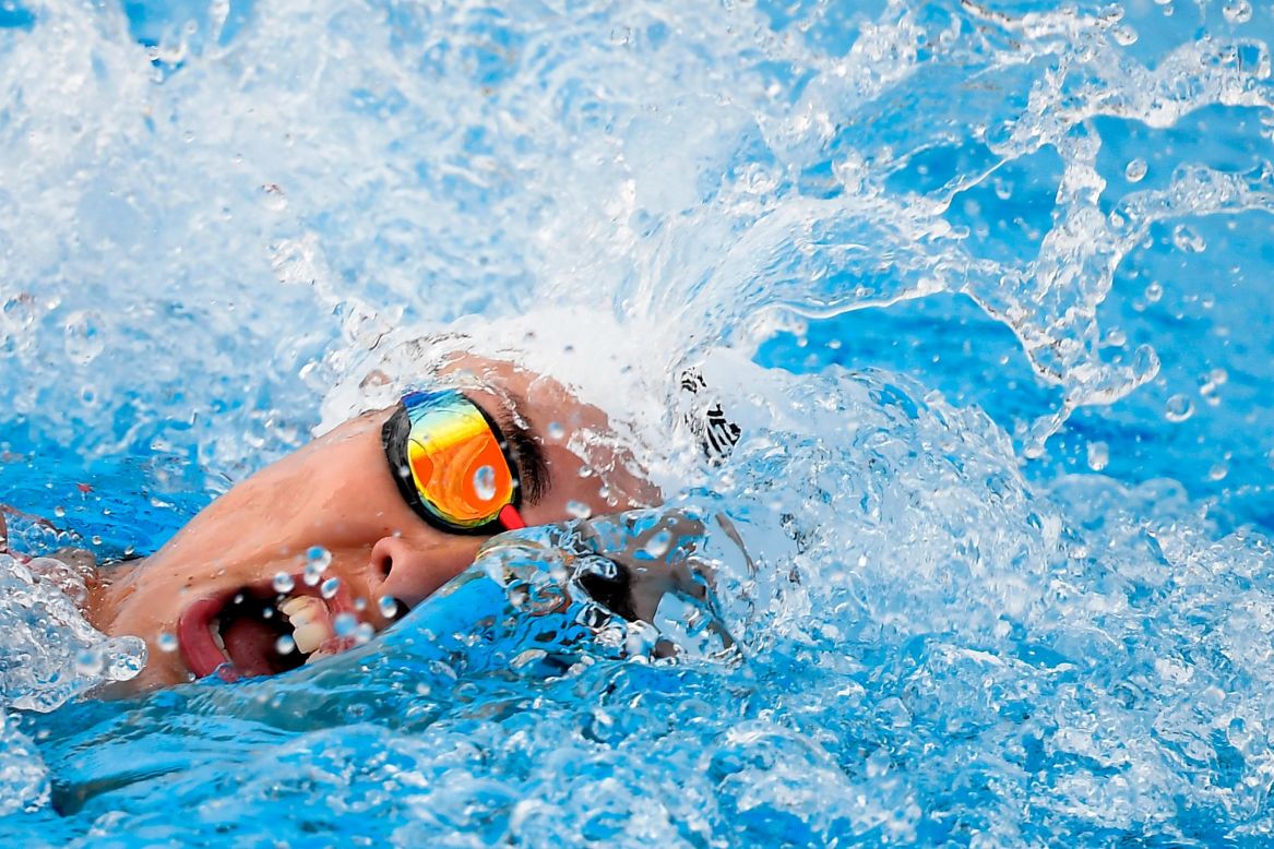 Elodie Clouvel of France competes in the final of the women's individual swimming event during the Modern Pentathlon World Championship at Kincsem Park in Budapest, Hungary, on September 6.