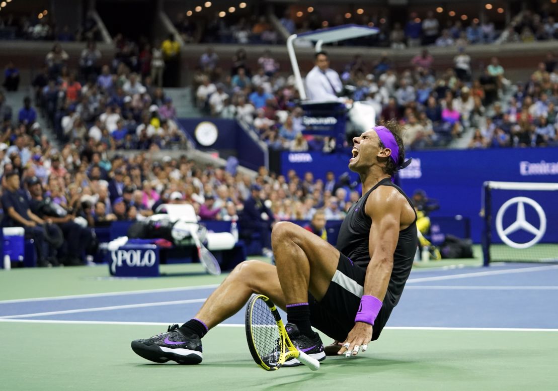 Spain's Rafael Nadal reacts after defeating Russia's Daniil Medvedev to win the men's singles final of the US Open tennis tournament in Queens, New York, on September 8. This was Nadal's 19th career grand slam title, pulling him within one of all-time leader Roger Federer, who has 20.