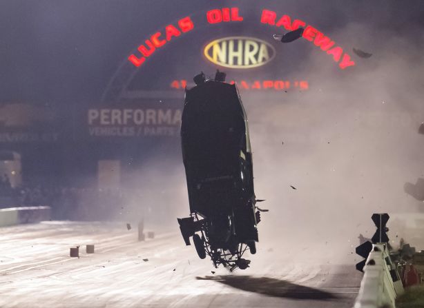 NHRA pro mod driver Chad Green goes airborne as he crashes during the final round of qualifying for the US Nationals at Lucas Oil Raceway in Clermont, Indiana, on September 1. Green was awake and alert and was transported to a local hospital for further evaluation.
