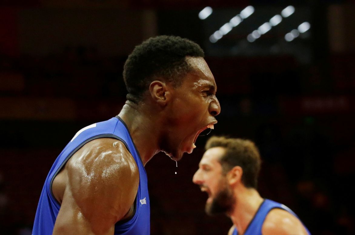 Italy's Paul Biligha yells during a game against Spain in the second round of the FIBA World Cup in Wuhan, China, on September 6.