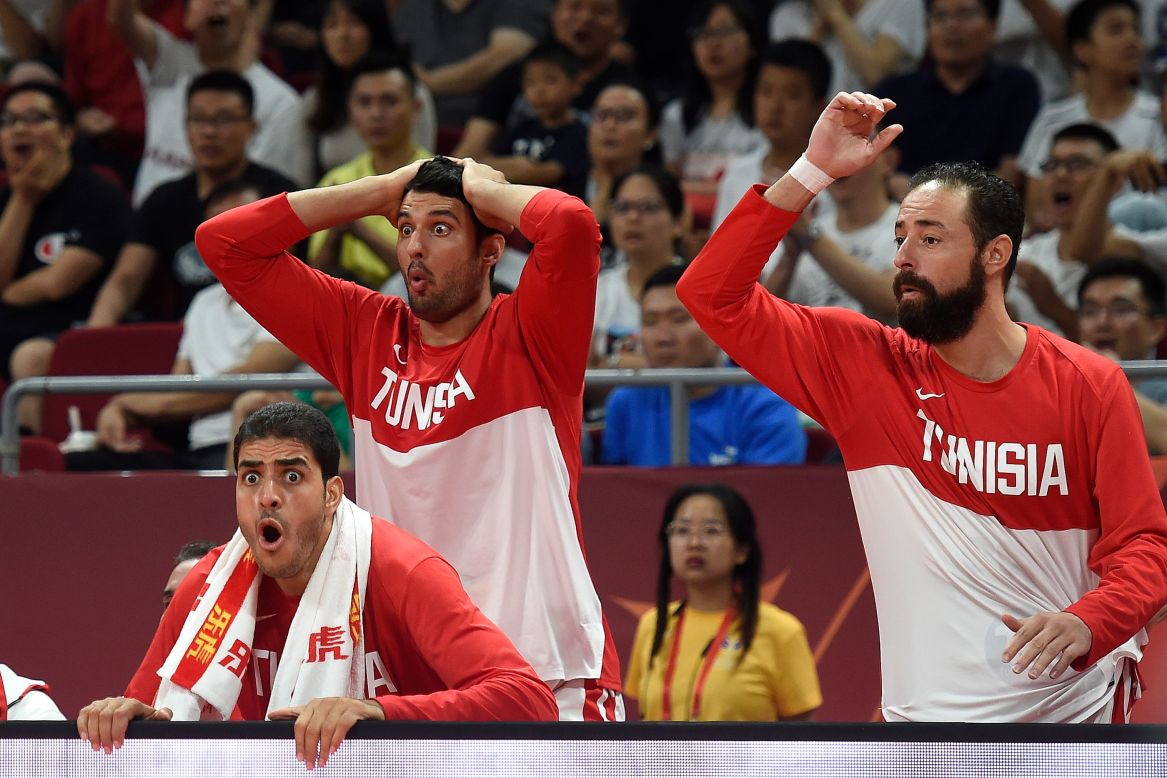 Tunisian players react during the Basketball World Cup Group N classification round game between Tunisia and Angola in Beijing, China, on September 8.