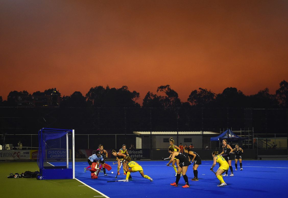 Ambrosia Malone of Australia makes a play on a ball near the goal during the Oceania Cup match between the Australian Hockeyroos and the New Zealand Blacksticks in Rockhampton, Australia, on September 5.