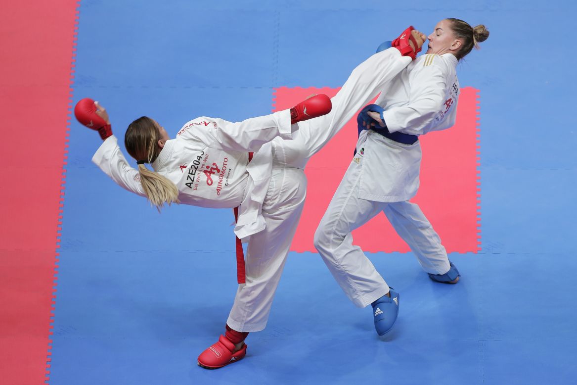 Irina Zaretska, left, and Alizee Agier compete in the women's kumite -68kg final on Day 3 of the Karate 1 Premier League in Tokyo, Japan, on September 8.