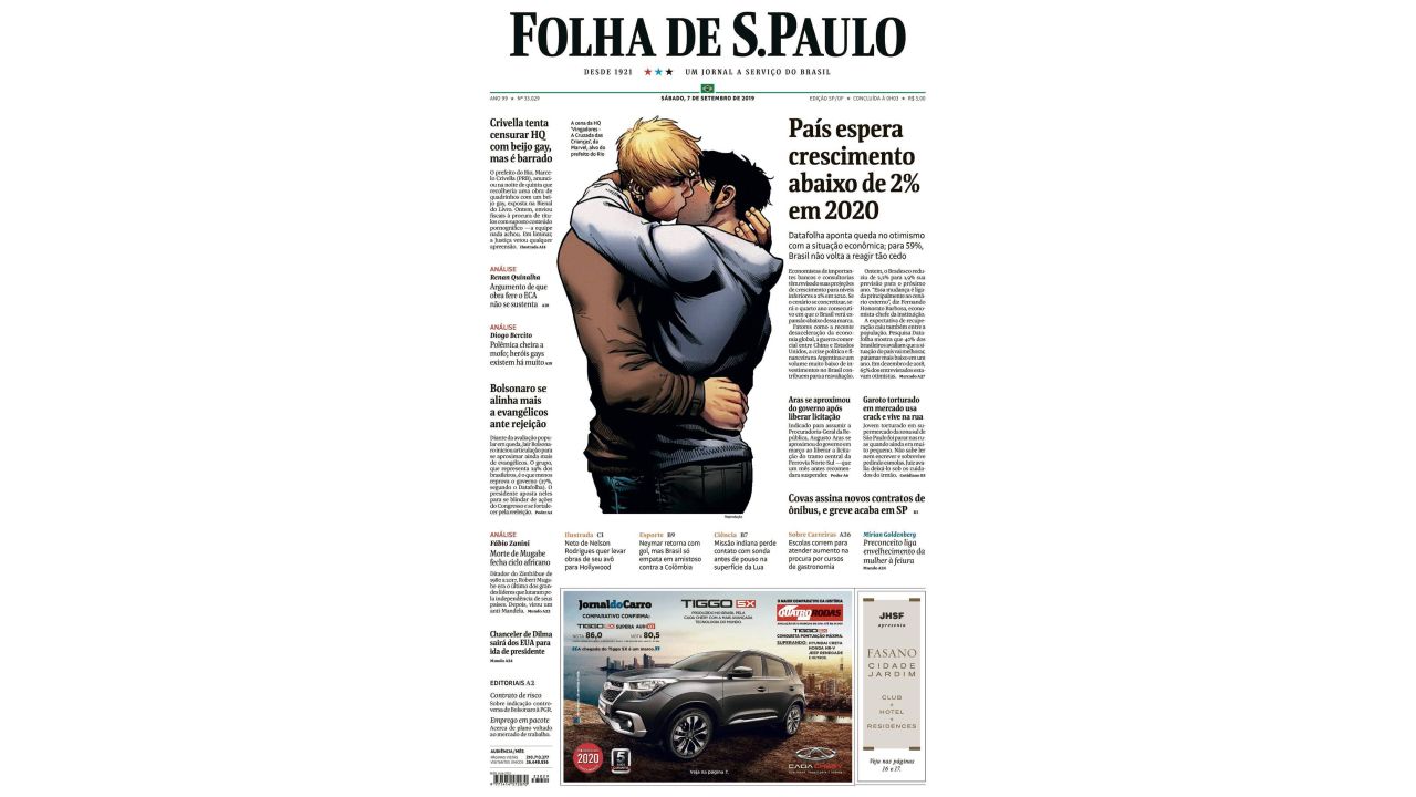 The front page of the Folha De S.Paulo on Saturday shows a frame from an Avengers comic in which two men are seen kissing.