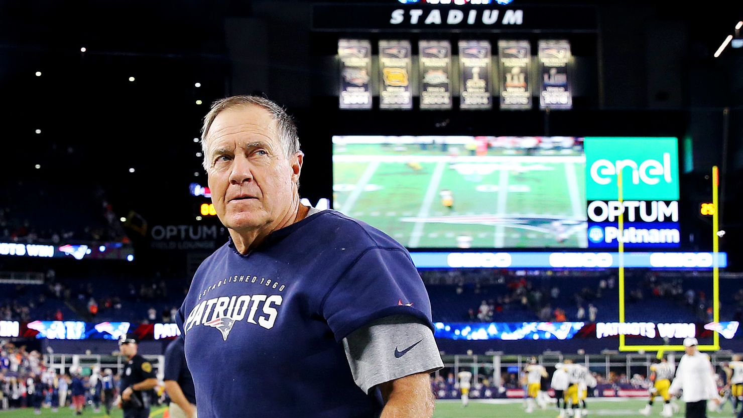 Head coach Bill Belichick of the New England Patriots exits the field after the game between the New England Patriots and the Pittsburgh Steelers at Gillette Stadium on September 8, 2019.
