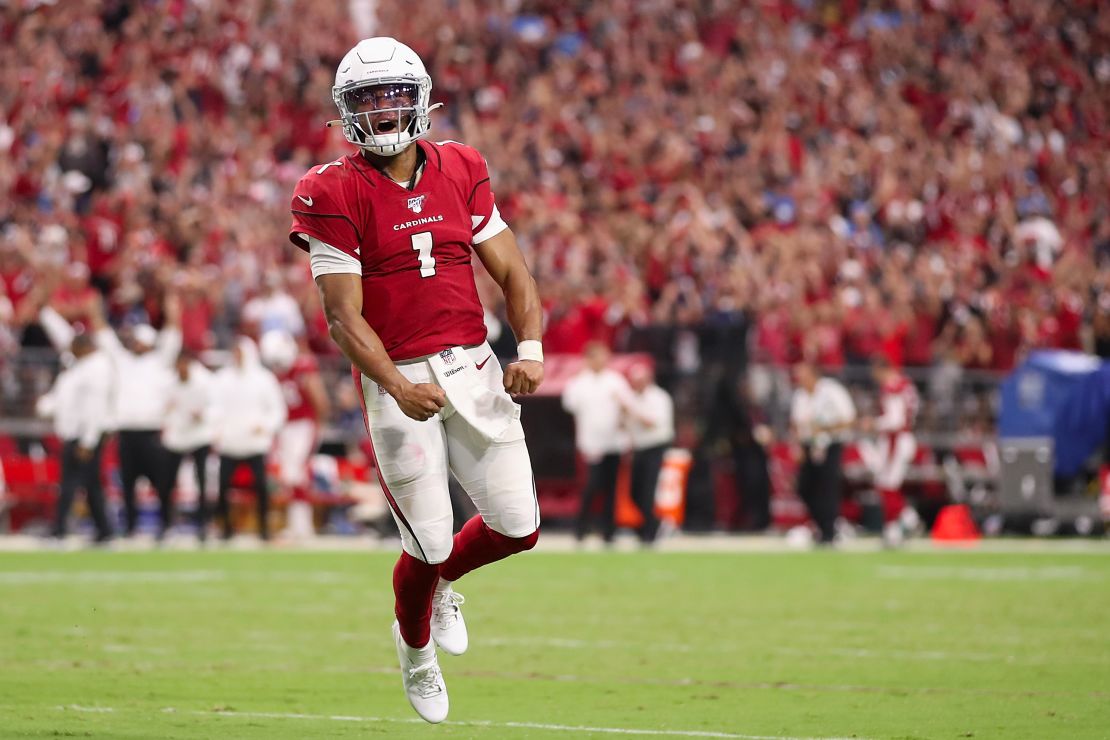Kyler Murray celebrates after converting a two-point conversion against the Detroit Lions.