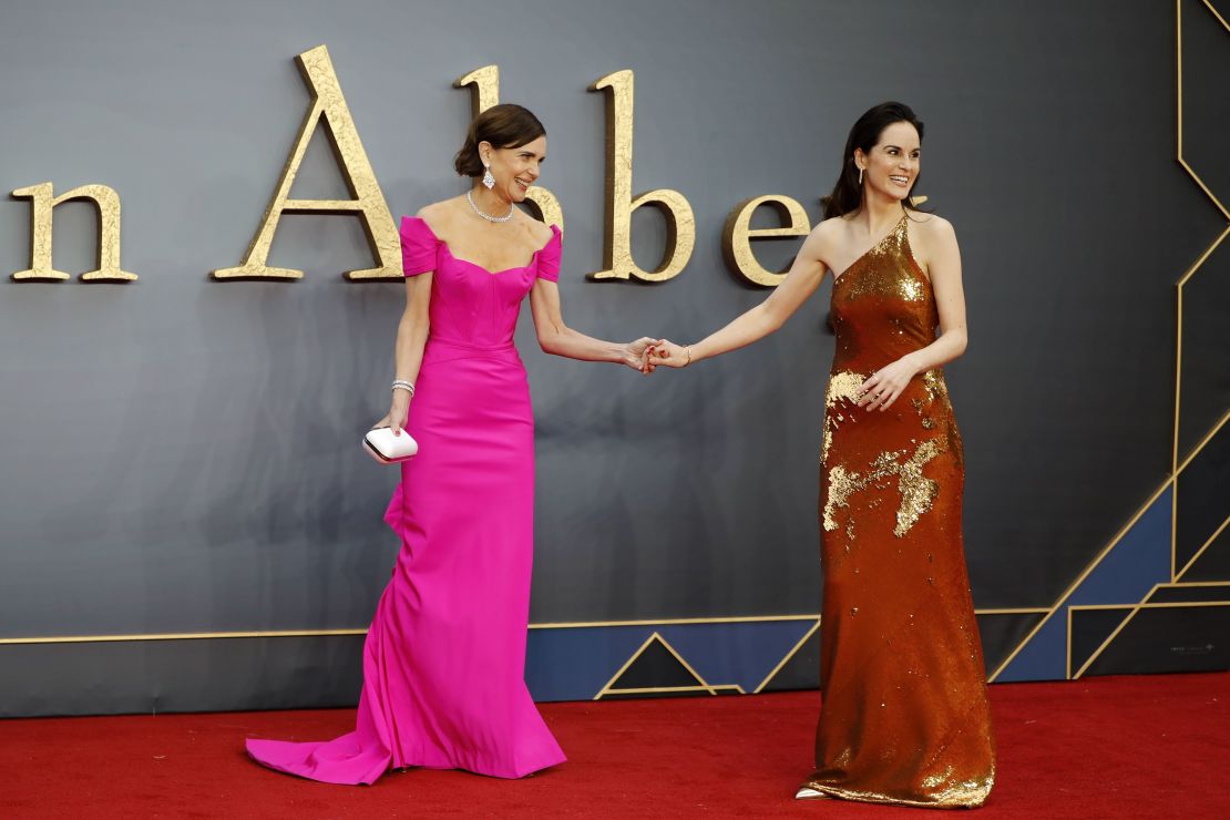 Elizabeth McGovern, left, and Michelle Dockery on the red carpet at the world premiere.