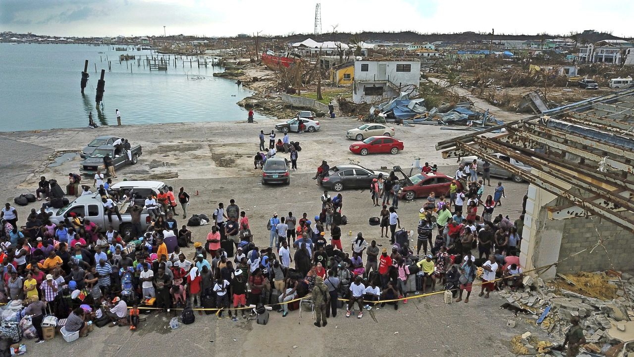 Evacuees gather at Marsh Harbour Port in Abaco, Bahamas, on Friday, September 6.