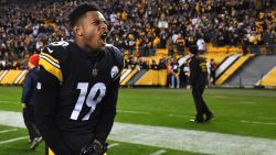 PITTSBURGH, PA - DECEMBER 30: JuJu Smith-Schuster #19 of the Pittsburgh Steelers reacts as he watches the Cleveland Browns play the Baltimore Ravens on the scoreboard at Heinz Field following the Steelers 16-13 win over the Cincinnati Bengals on December 30, 2018 in Pittsburgh, Pennsylvania.  (Photo by Joe Sargent/Getty Images)