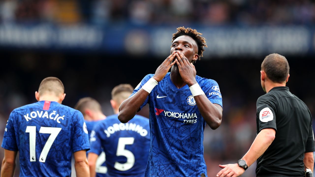 Abraham celebrates scoring against Sheffield United in the Premier League.