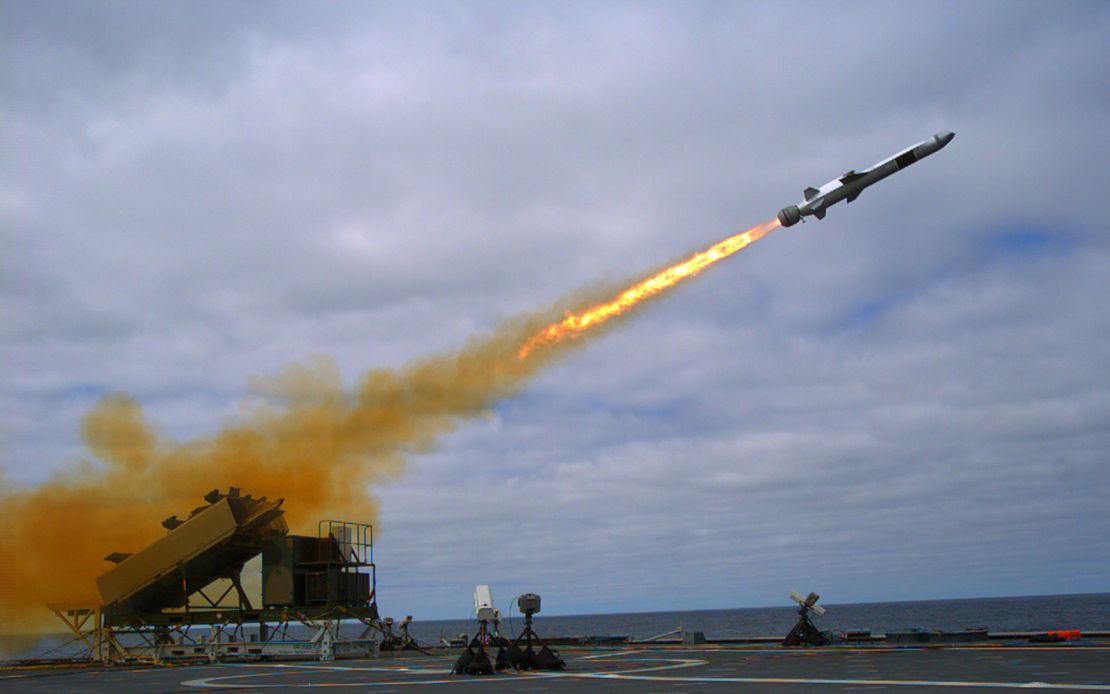 A Kongsberg Naval Strike Missile is launched from the littoral combat ship USS Coronado during testing in 2019.