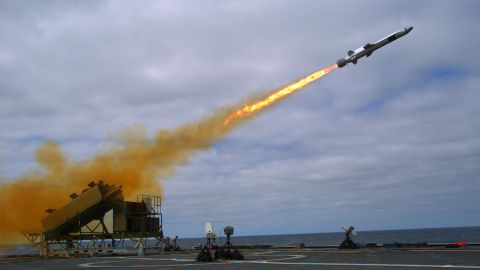 A Naval Strike Missile is launched from the littoral combat ship USS Coronado  during missile testing operations off the coast of Southern California in 2014.