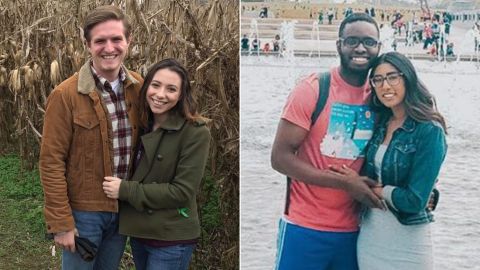 Brandyn Churchill and Sophie Rogers, left, and Samuel Sarfo and Ashley Ramkishun are suing the state of Virginia over a requirement that race be disclosed in marriage-license applications.