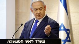 Israeli Prime Minister and Defence Minister Benjamin Netanyahu delivers a statement to the media on the Iranian nuclear issue at the Foreign Ministry in Jerusalem on September 9, 2019. - Netanyahu accused Iran of having a previously undisclosed site aimed at developing nuclear weapons that it destroyed. Iran itself destroyed the site located near the city of Abadeh, south of Tehran, in around July after realising that Israel had detected it, Netanyahu alleged. (Photo by Menahem KAHANA / AFP)        (Photo credit should read MENAHEM KAHANA/AFP/Getty Images)