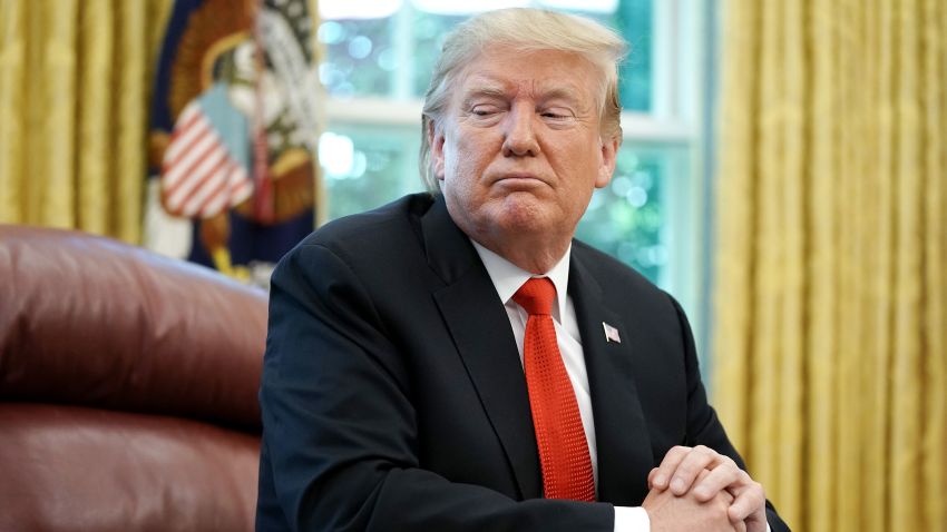 U.S. President Donald Trump talks to reporters following a briefing from officials about Hurricane Dorian in the Oval Office at the White House September 04, 2019 in Washington, DC.