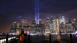 NEW YORK, NY - SEPTEMBER 11:  The 'Tribute in Light' memorial lights up lower Manhattan near One World Trade Center on September 11, 2018 in New York City. The tribute at the site of the World Trade Center towers has been an annual event in New York since March 11, 2002. Throughout the country services are being held to remember the 2,977 people who were killed in New York, the Pentagon and rural Pennsylvania in the terrorist attacks on September 11, 2001.  (Photo by Spencer Platt/Getty Images)