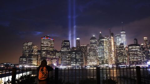 The "Tribute in Light" memorial lights up lower Manhattan on September 11, 2018, in New York City. 