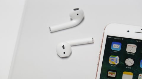 An original pair of Apple AirPods are seen during a launch event in San Francisco, California.