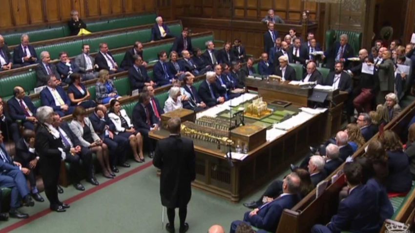 In this image made from video, British lawmakers stage a protest in the House of Commons before prorogation of Parliament, in London, Tuesday Sept. 10, 2019. The British government has formally suspended Parliament, sending lawmakers home for five weeks amid a Brexit crisis. (Parliament TV via PA via AP)