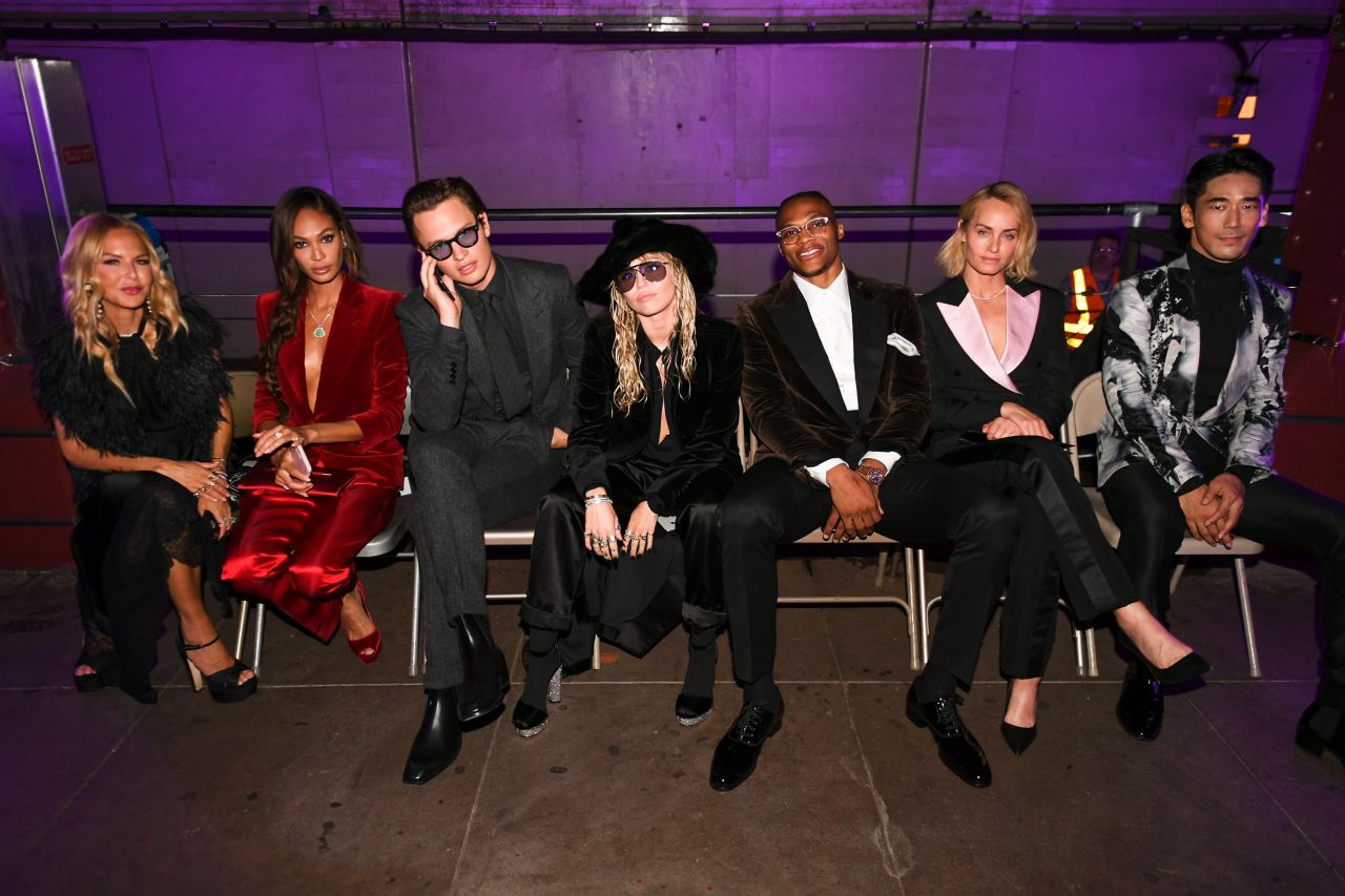 Rachel Zoe, Joan Smalls, Ansel Elgort, Miley Cyrus, Russell Westbrook, Amber Valletta and Naoki Kobayashi attend Tom Ford's show, which took place at the Bowery Street subway station.