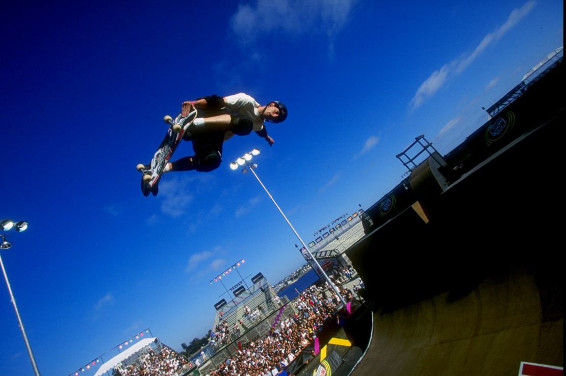 Hawk grabs his skateboard vertical during the X-Games in San Diego.