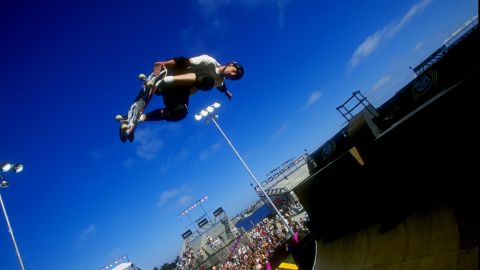 Hawk grabs his skateboard vertical during the X-Games in San Diego.
