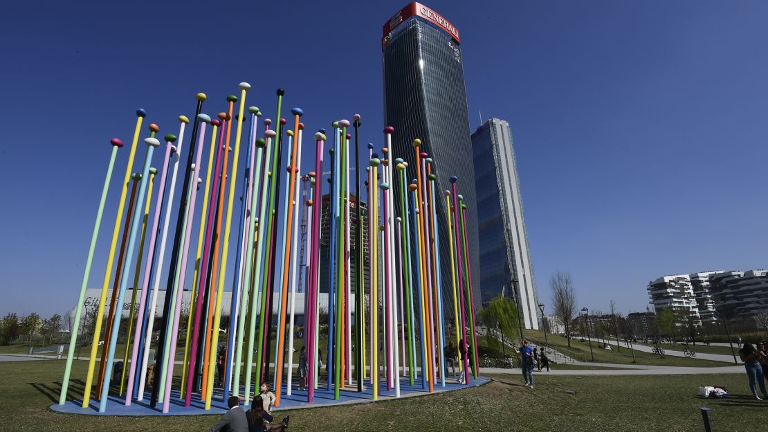 Megatowers, such as the Allianz building in the CityLife District, are often flanked by vibrant artwork. This is the "Coloris" sculpture by Cameroonian artist Pascale Marthine Tayou.