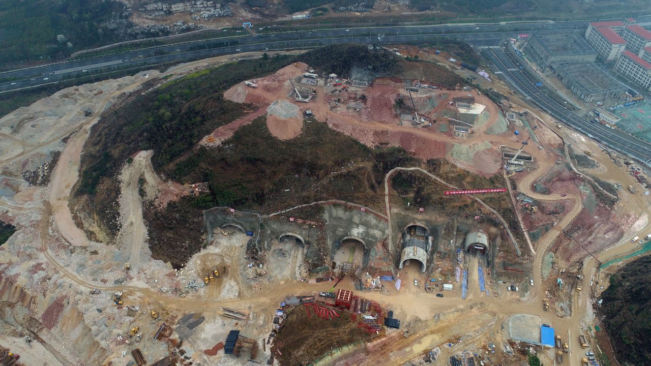 Aerial view of Tencent's biggest data center under construction in a mountainous area of Guizhou province, on March 13, 2018.