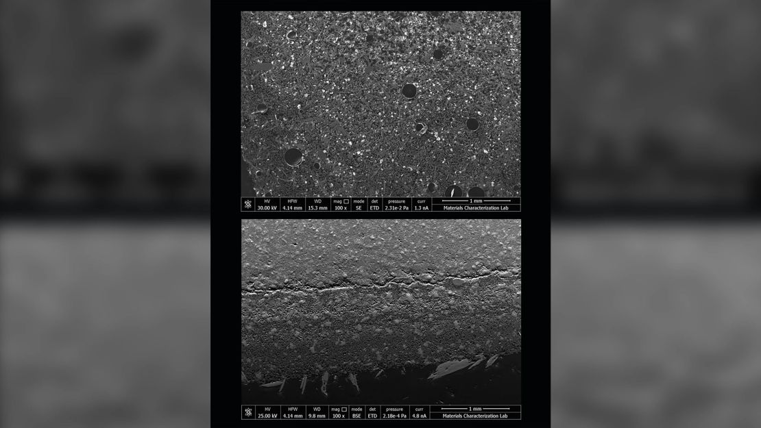 These images compare cement pastes mixed in space (above) and on Earth (below). The sample from space shows more open spaces in the material.