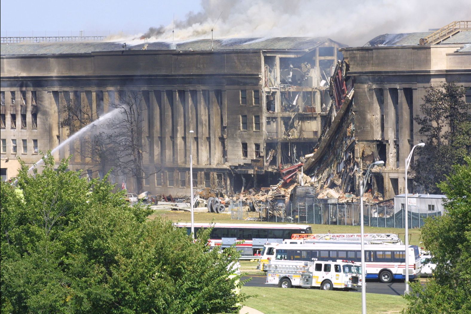 Firefighters try to control the flames at the Pentagon.